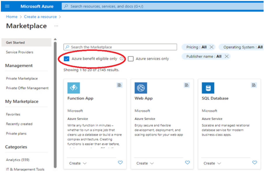 Screenshot that highlights the Azure benefit eligible only checkbox.