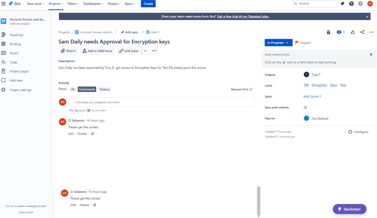 Jira approval request for encryption keys ticket.