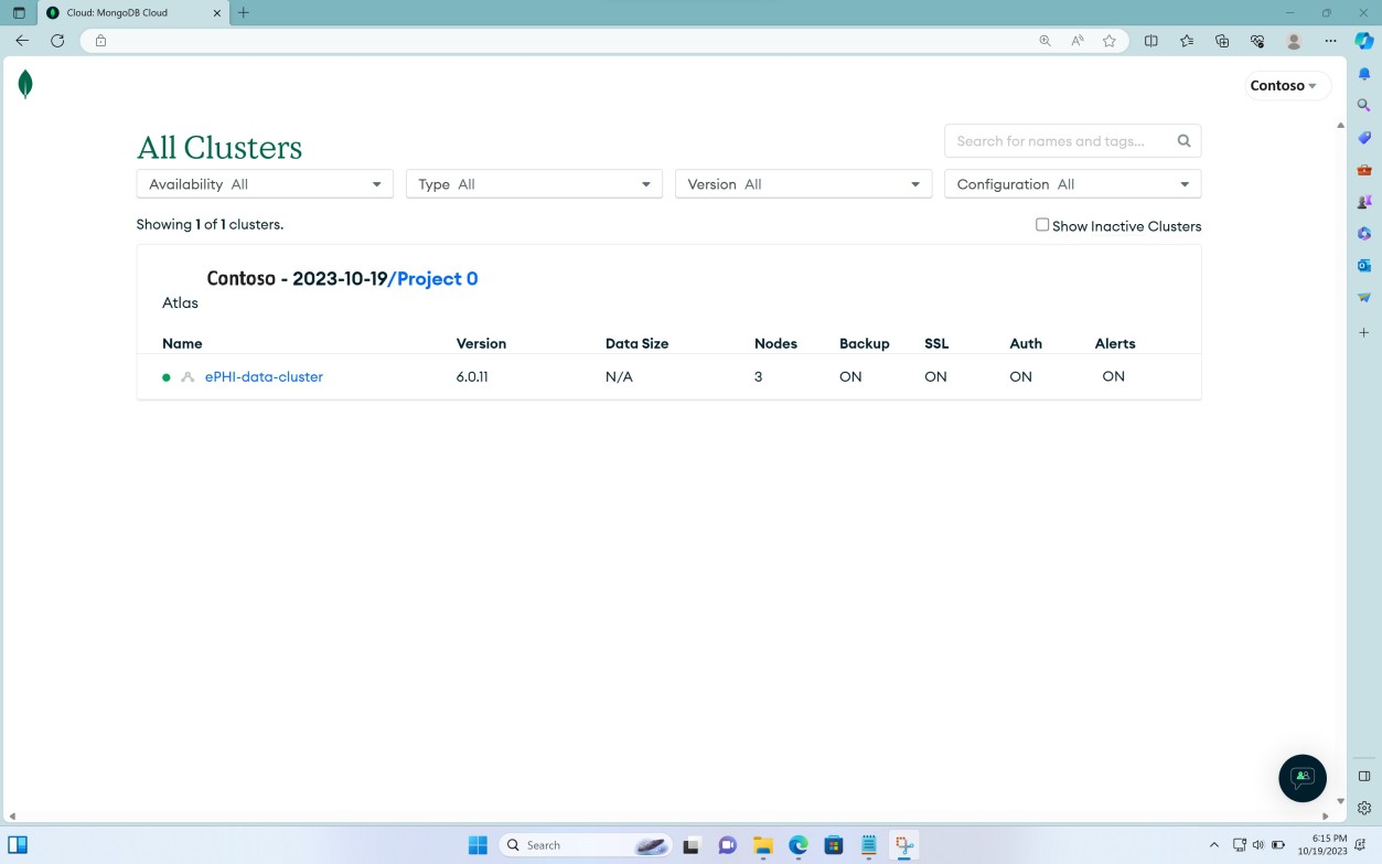 MongoDB Cloud clusters page with ePHI data cluster listed under Project 0.