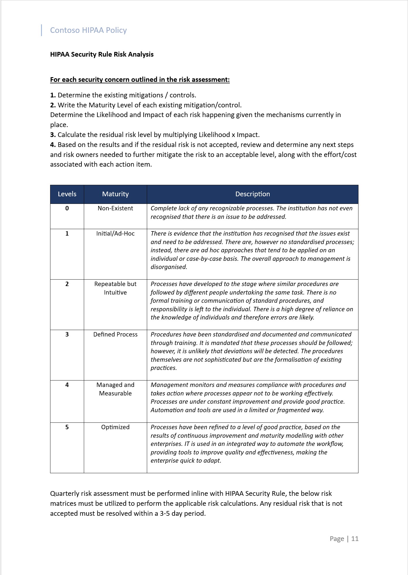 HIPAA security rule risk analysis with per-concern table.