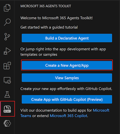 A screenshot of the Create a New App button in the Microsoft 365 Agents Toolkit sidebar