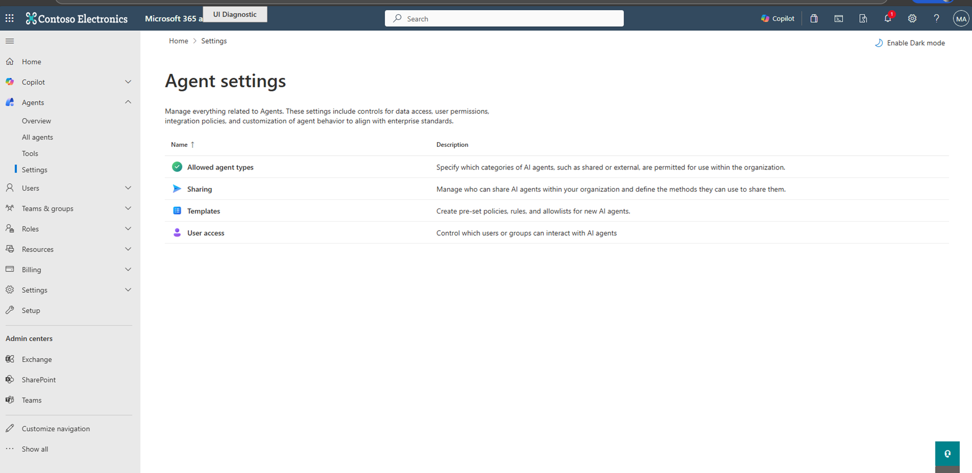 Screenshot showing the Agent settings page in the Microsoft 365 admin center.