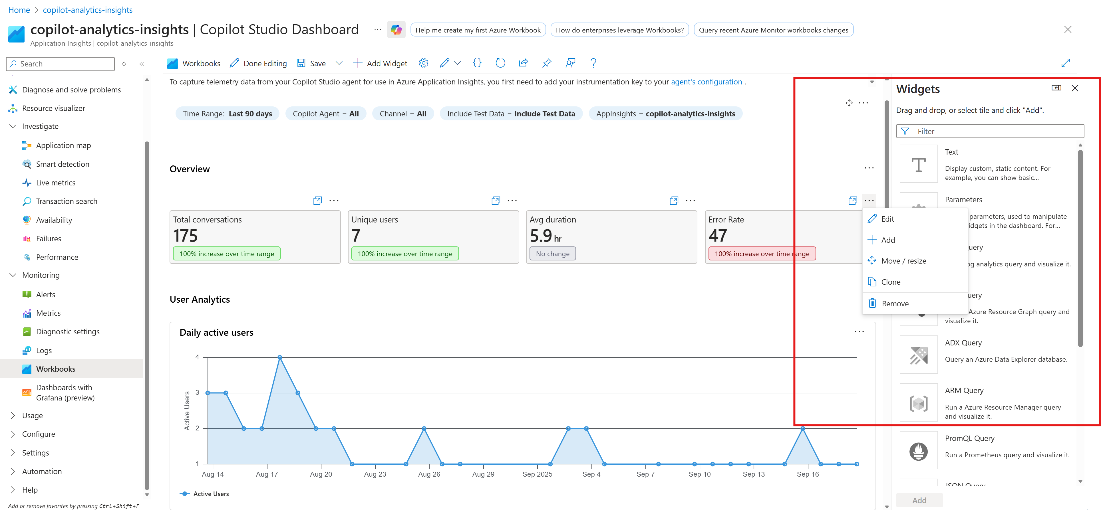 Screenshot of modifying an element in the Application Insights workbook.