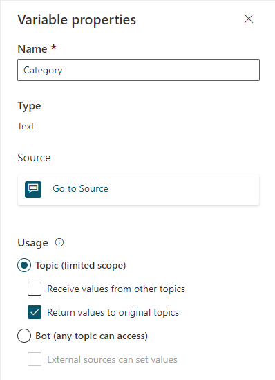 Screenshot of the authoring canvas showing the Variable properties panel with Return values to original topic selected.