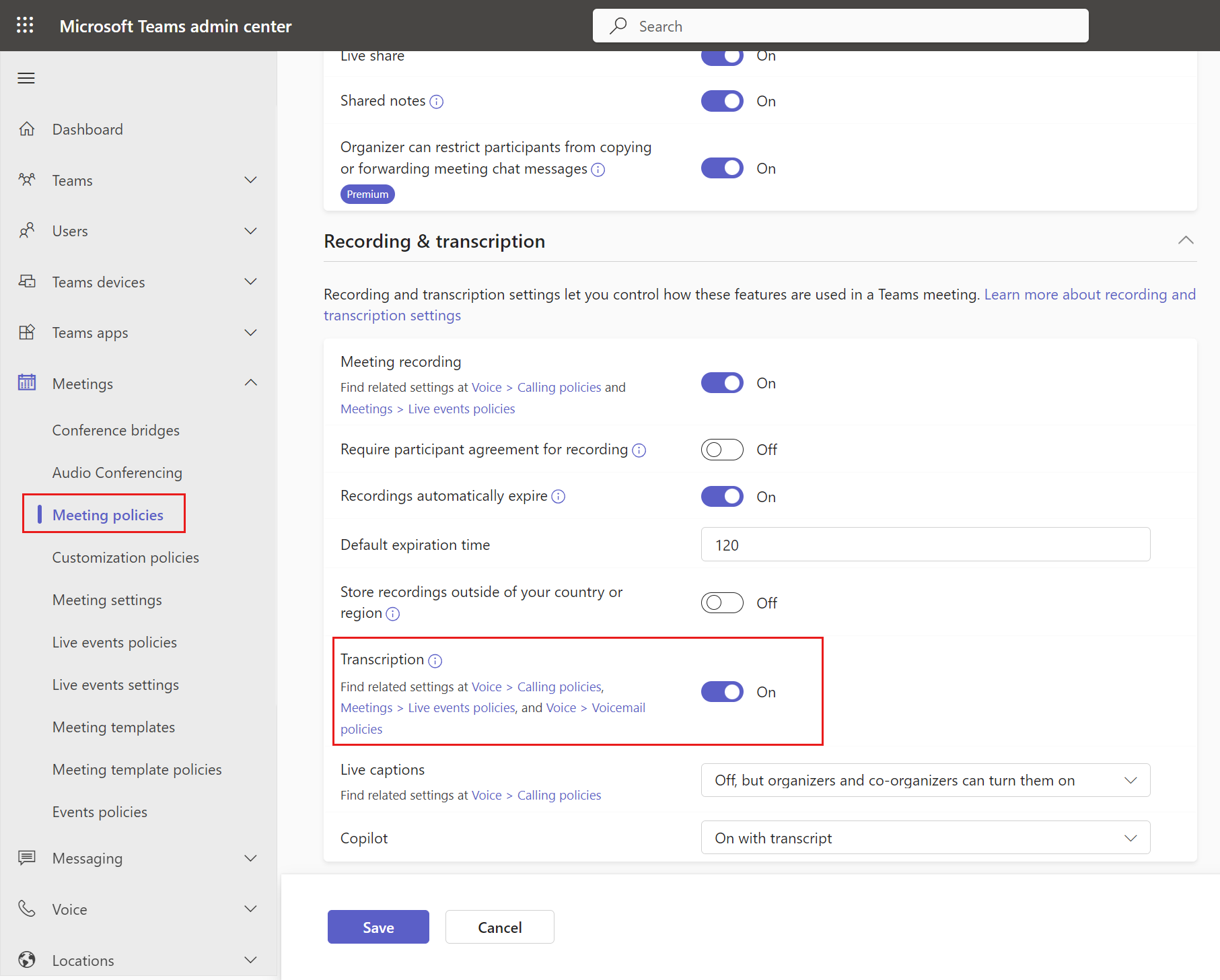 Screenshot showing how to enable transcription in Teams admin center. Screenshot showing how to enable transcription in Teams admin center