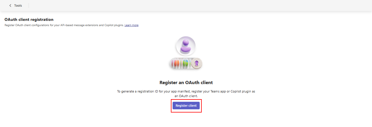 Screenshot shows the registerclient  option to register oauth configuration id in Developer Portal for Teams.