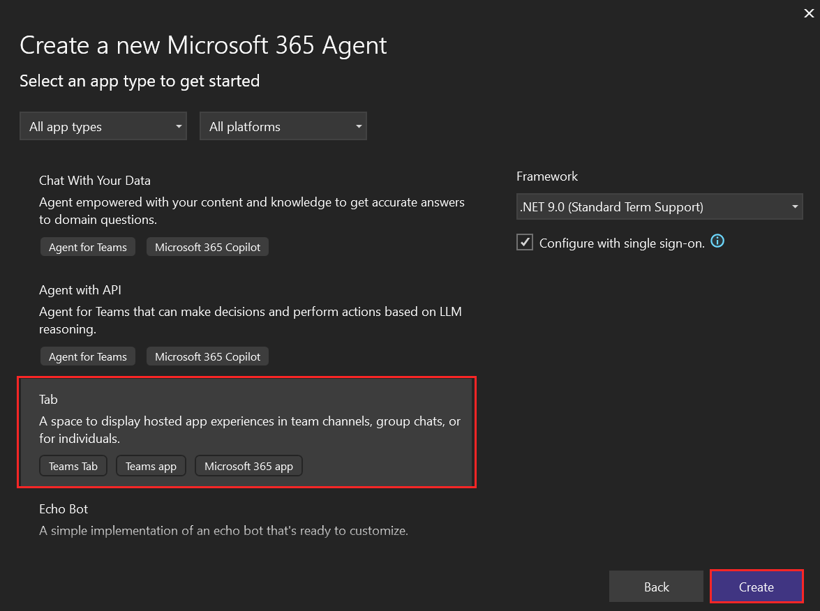 Screenshot shows the page to create a new Teams tab application.