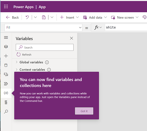 Screenshot of the Variables and collections menu.