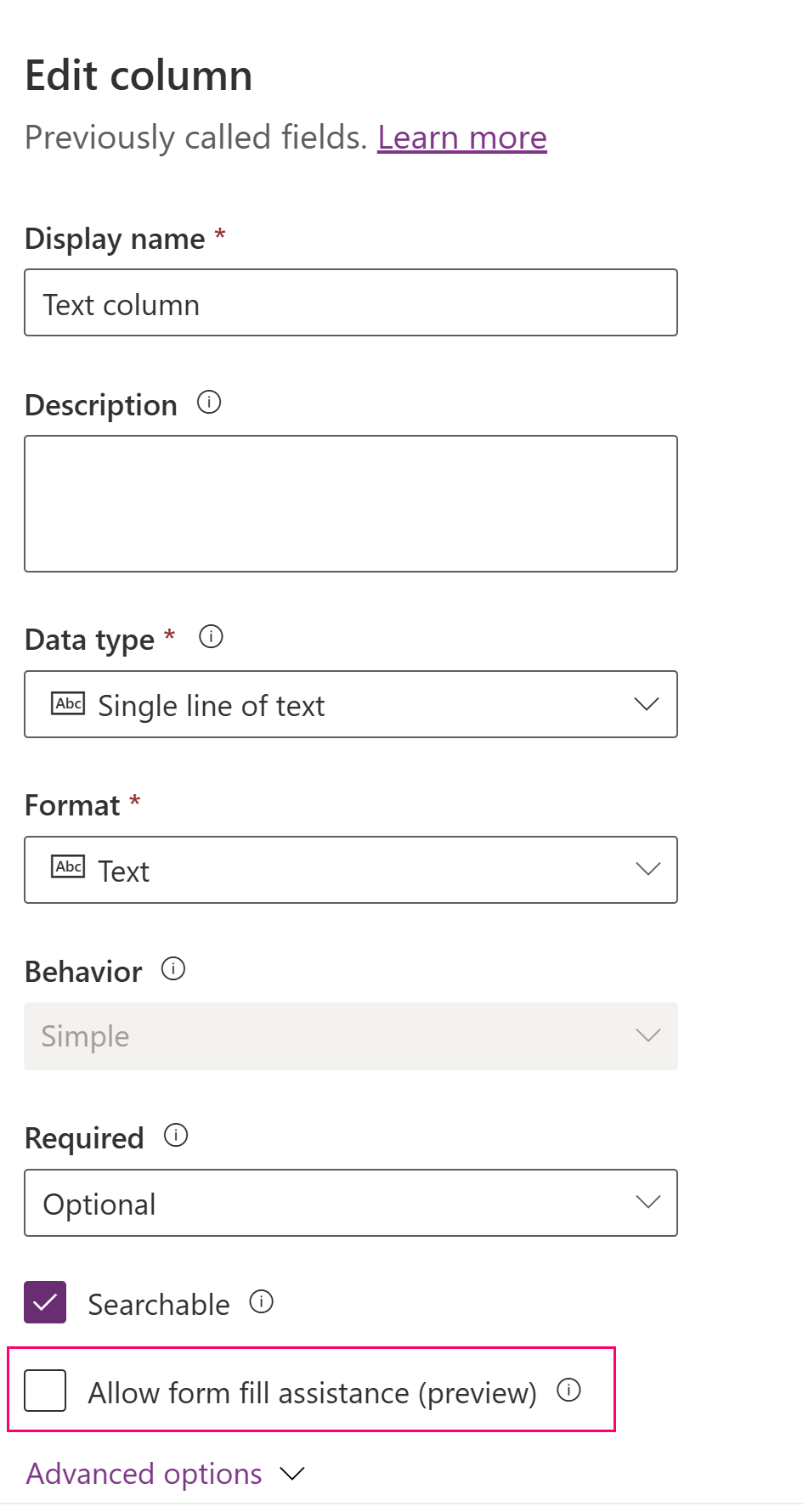 Screenshot of the form fill assistance setting disabled in the column properties pane.