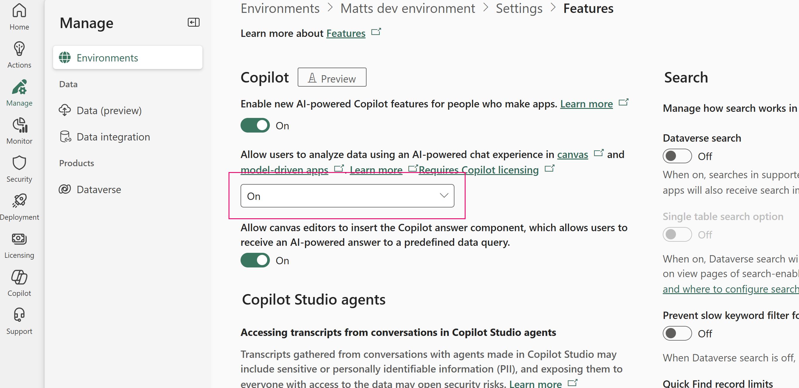 Screenshot that shows how to turn on Copilot in an environment.
