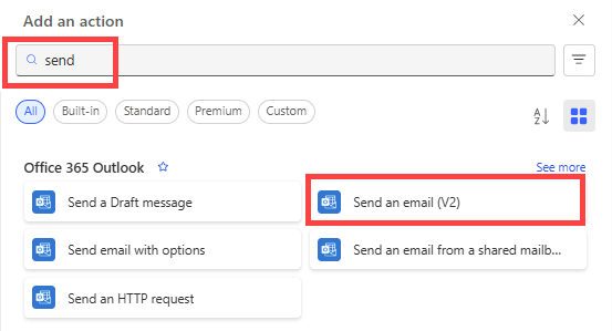 Screenshot showing how to select the send email action for rejected requests in the new designer.
