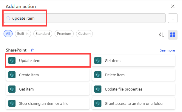 Screenshot showing how to select the SharePoint update item action for rejected requests in the new designer.