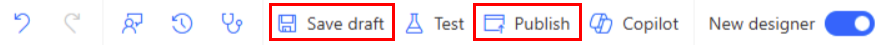 Screenshot of the solution-aware cloud flows toolbar with the 'Save draft' and 'Publish' buttons.