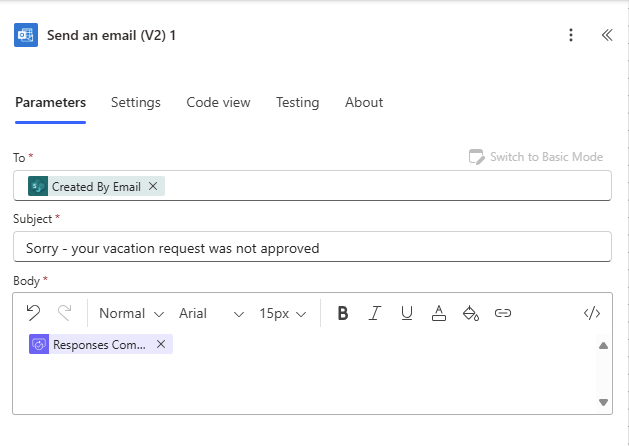 Screenshot showing configuration for rejected request emails in the new designer.