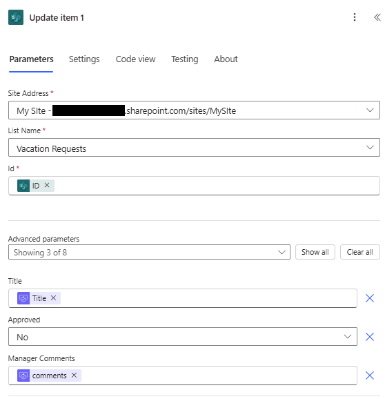 Screenshot showing update item configuration for rejected requests in the new designer.