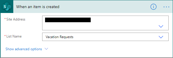 Screenshot showing SharePoint site information selection in the classic designer.