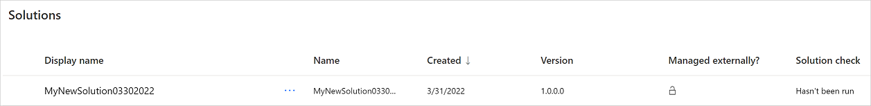 New solution showing on the *Solutions* screen Displays the new solution.