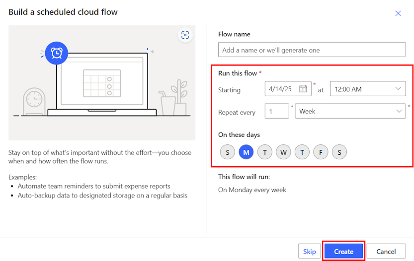 Screenshot of the options to set up a scheduled flow.