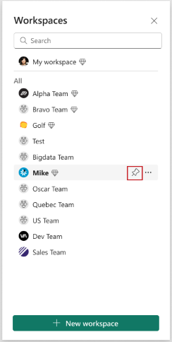 Screenshot of pinning a workspace to the top.