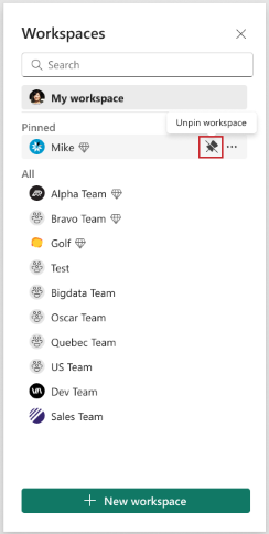 Screenshot of unpinning a workspace.