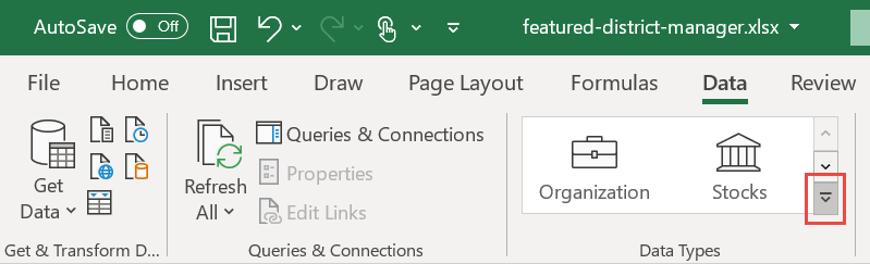 Screenshot showing the More icon in Excel Data Types Gallery.