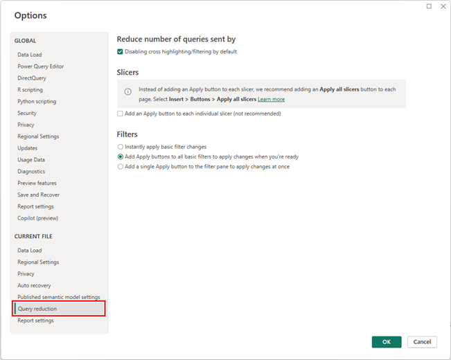 Screenshot of Power BI Desktop query reduction options showing settings to delay slicer and filter queries.