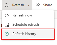 Refresh history menu option under Refresh for a semantic model