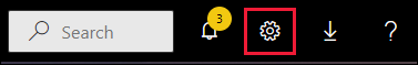 Screenshot showing the Power BI menu bar with the Search box, icon buttons, and the gear icon called out.