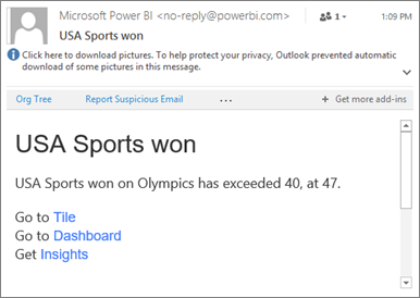 Screenshot of email notification message displaying a Power BI data alert.