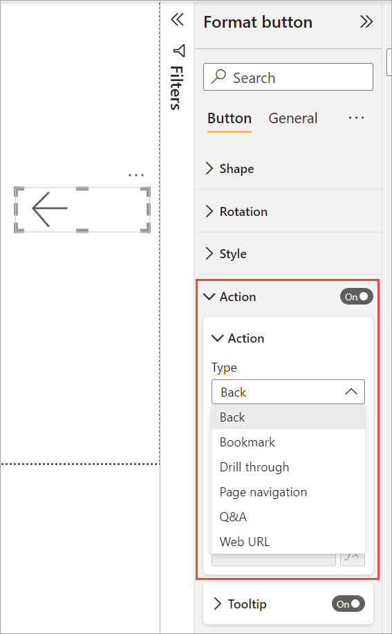 Screenshot showing Action selections for a button in Power BI.