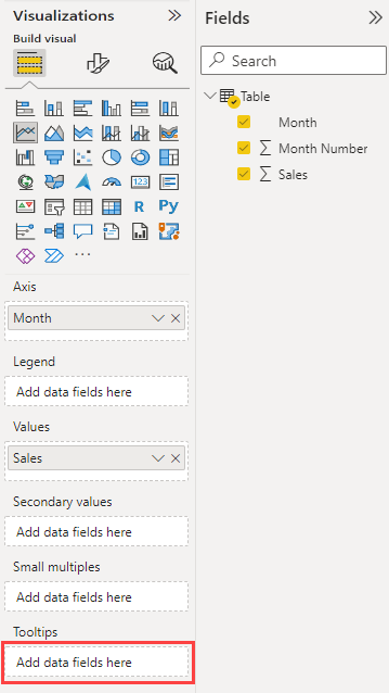 Screenshot of the Power BI service Visualizations and Fields panes.