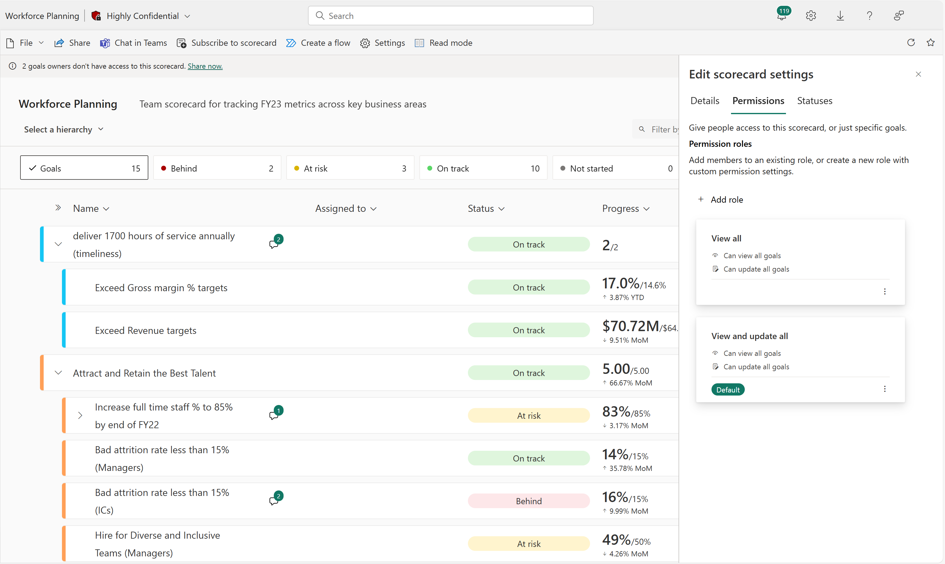 Screenshot of opening goal-level permissions by accessing the scorecard settings and selecting permissions.