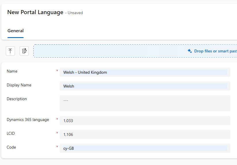 Screenshot of the New Portal Language page showing field to enter new language details