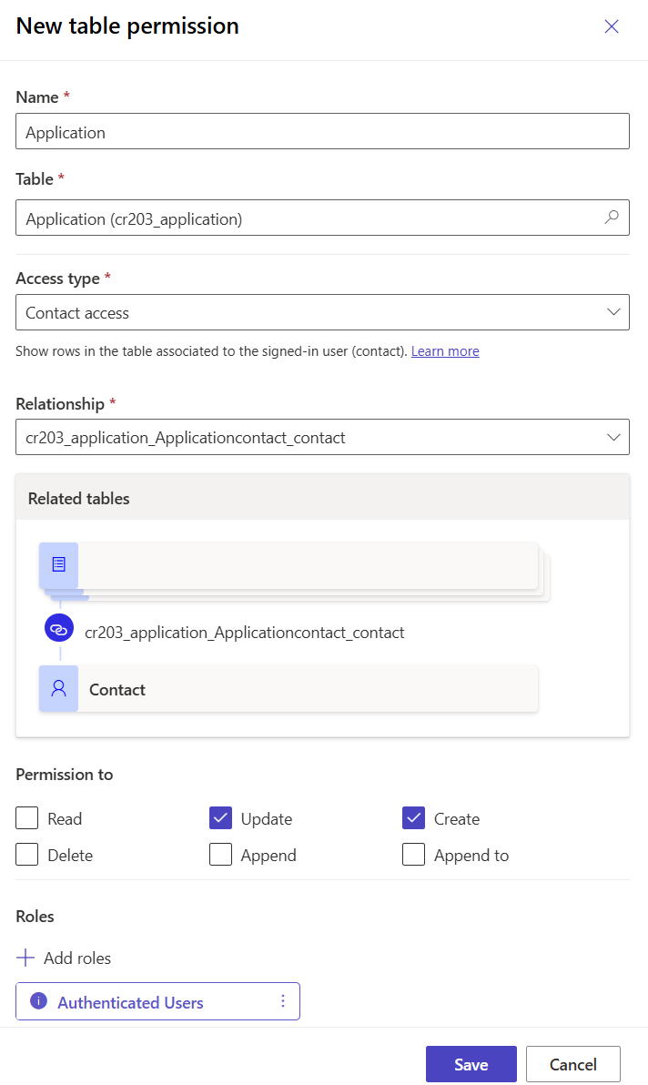 Adding table permissions to the application table.