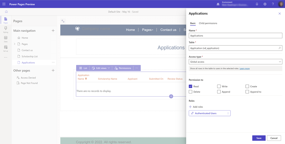 Screenshot showing creation of a table permission for a table with contact lookup.