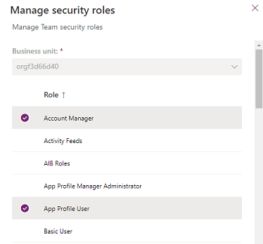 Screenshot of selecting security roles.