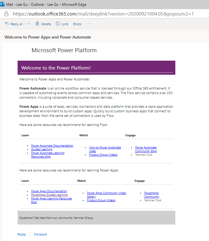 Screenshot of an email that welcomes new makers and presents information on Power Apps and Power Automate including resources to get started.