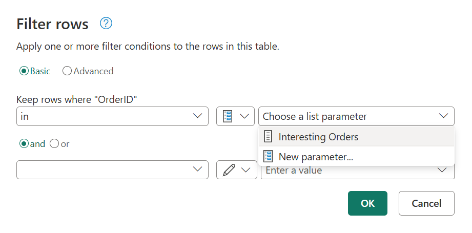 Screenshot of the Filter rows dialog showing the in operator where you can use the new Interesting Orders list parameter.