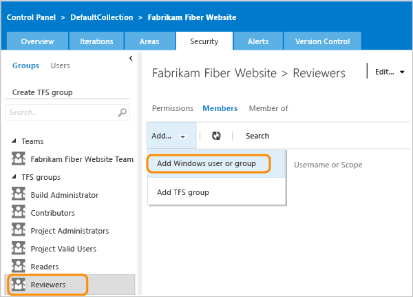 Open dialog to add members to TFS Group