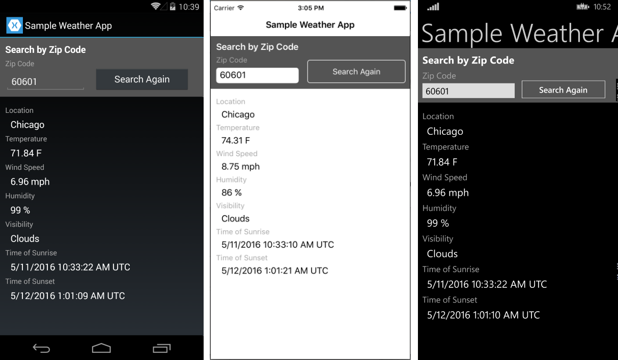 CrossPlat Xamarin FormsGuide 1 The Weather App sample on Android, iOS, and Windows Phone