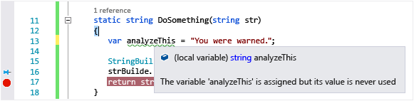 vs_ide_gs_debug_code_analysis_warning_hover Visual Studio Code Analysis Warning hover