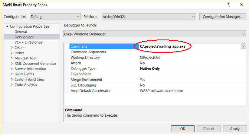 Debug Properties window Debug Properties window