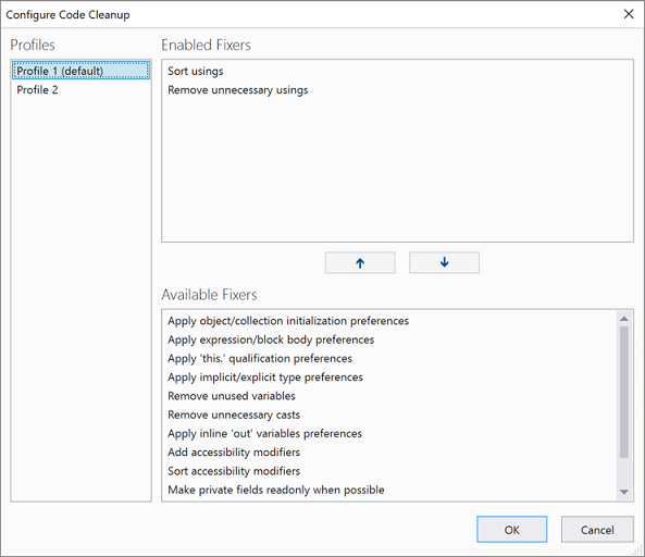 The configure code cleanup control in Visual Studio 2019. A screenshot of the configure code cleanup control in Visual Studio 2019