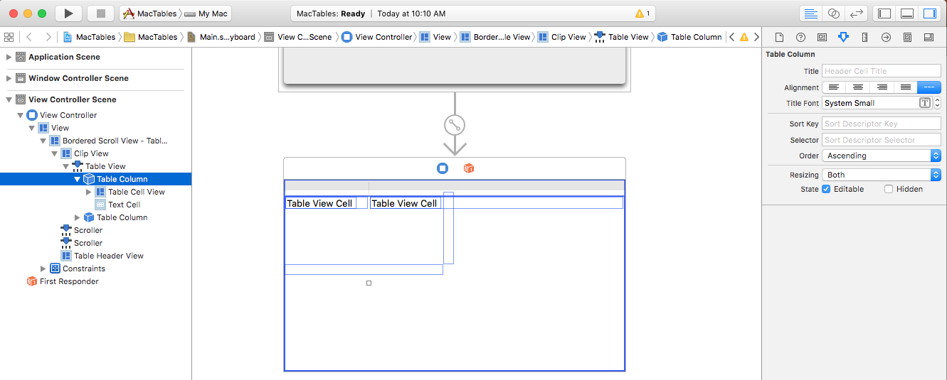 Screenshot shows the properties available for a Table Column in the Attribute Inspector.