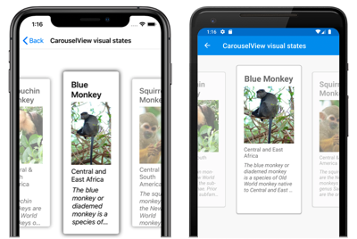 CarouselView visual states Screenshot of a CarouselView using visual states, on iOS and Android
