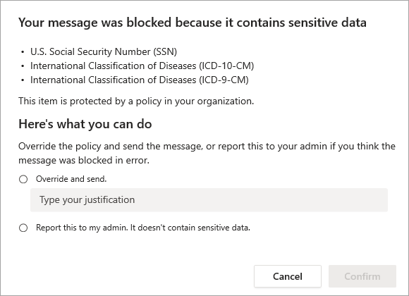 Screenshot of the options to resolve blocked message.