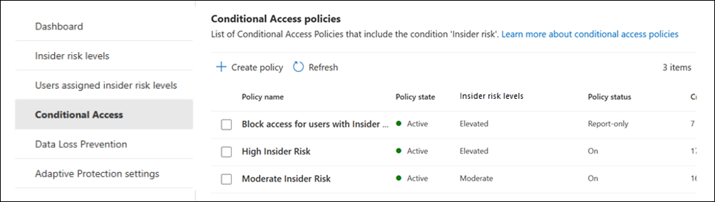 Insider Risk Management Adaptive Protection Conditional Access policies.