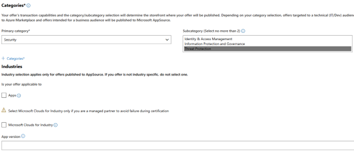Next, fill out the Category (only Security or Compliance) and Industries (leave blank for this) properties.