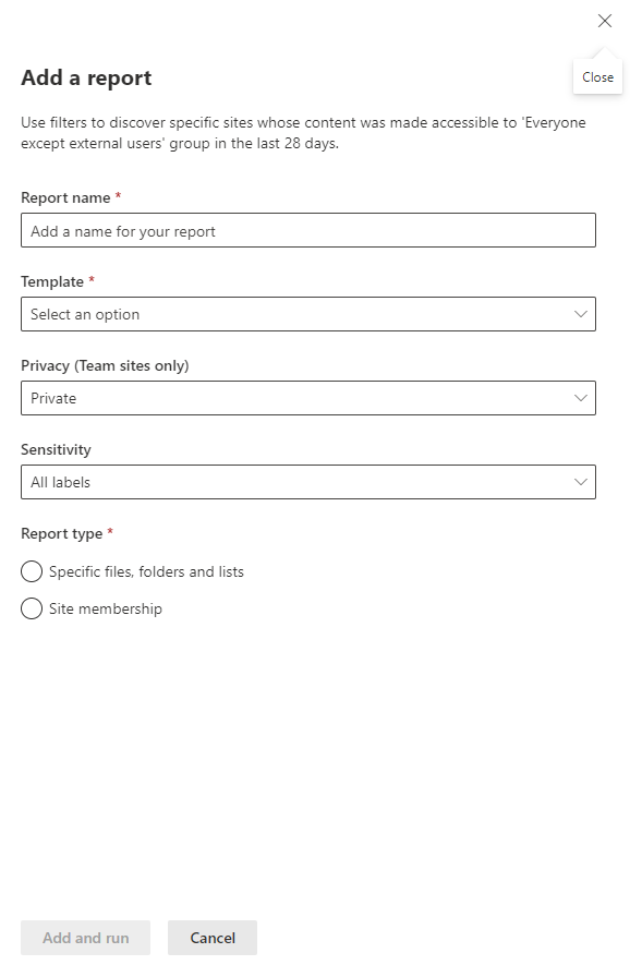 Screenshot that shows create an everyone except external users report.