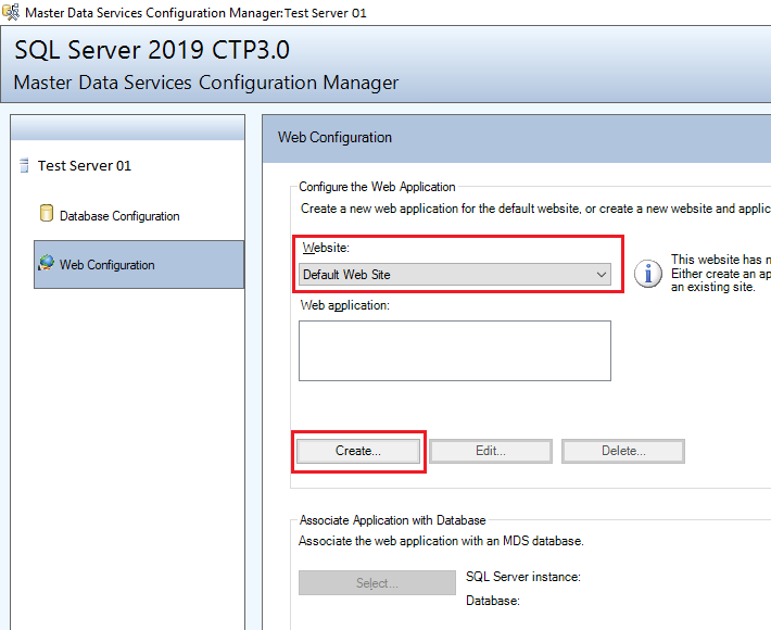 mds-SQLServer2019-Config-MI_WebConfiguration Screenshot of the Master Data Services Configuration Manager dialog box.